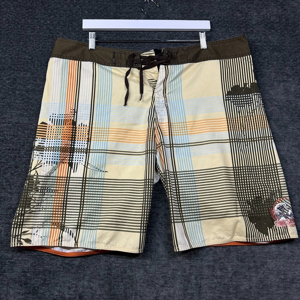 Quiksilver Board Shorts Mens Beige Brown Plaid Patch Y2K Surf Swim Trunks - W44